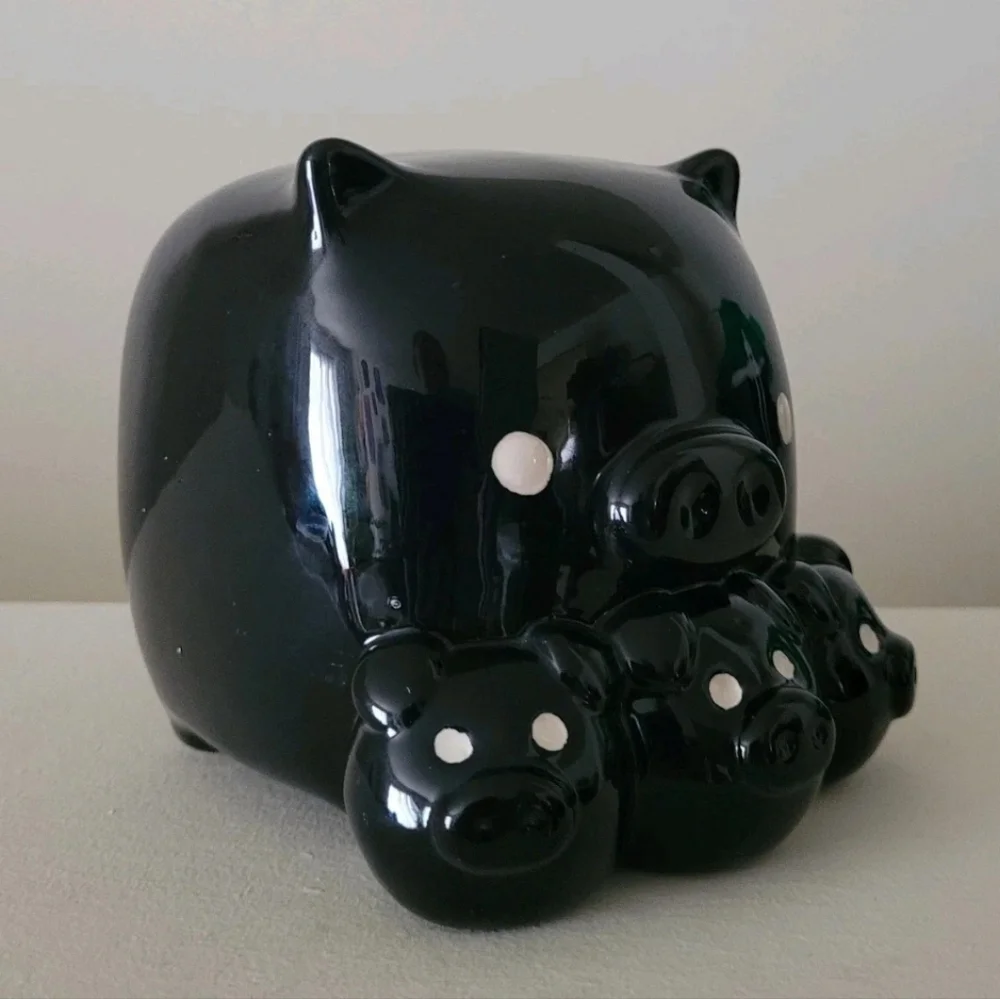 Y2K Piggy Coin Bank Black Pig Mom 3 Baby Pigs Square Whimsical Farmhouse pop art